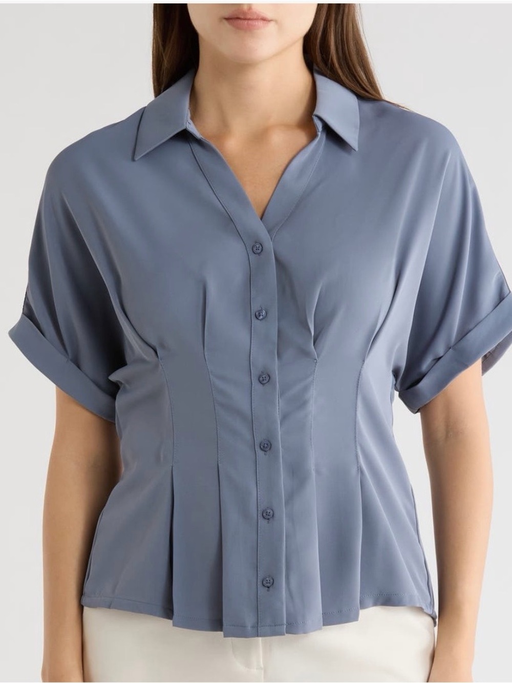 Adrianna Papell Slate Blue Short-Sleeve Button Front Pleated Top- M- Dusty Blue